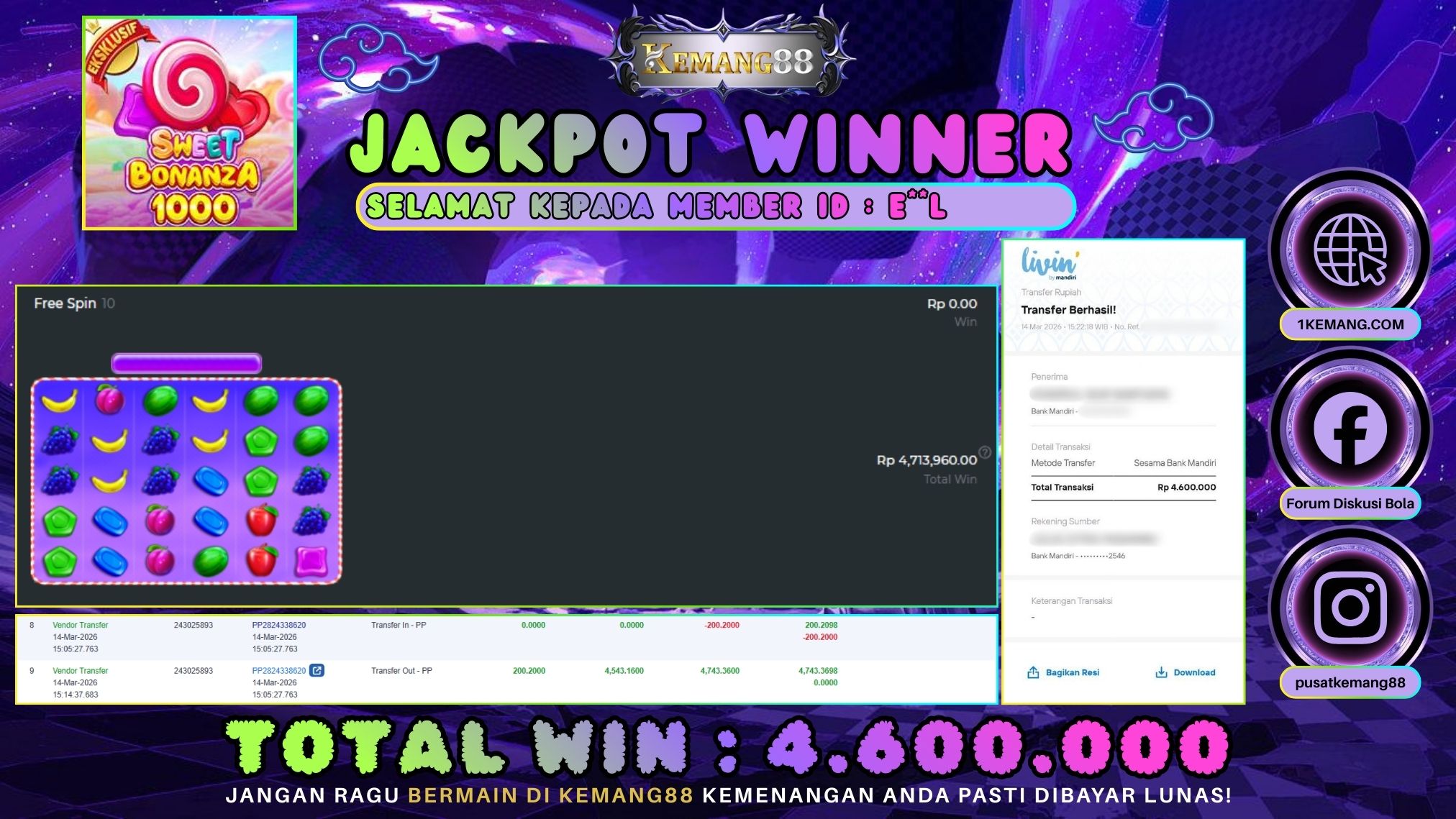 KEMANG88 [14 Maret 2026] : JACKPOT SLOT : SWEET BONANZA 1000 [PP] Rp. 4.600.000.,- LUNAS